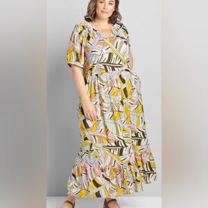 Lane Bryant Yellow and Gray Leaf Print Dress